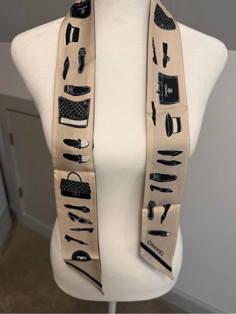 CHANEL Beige and Black Silk Twilly Scarf with Iconic Motifs